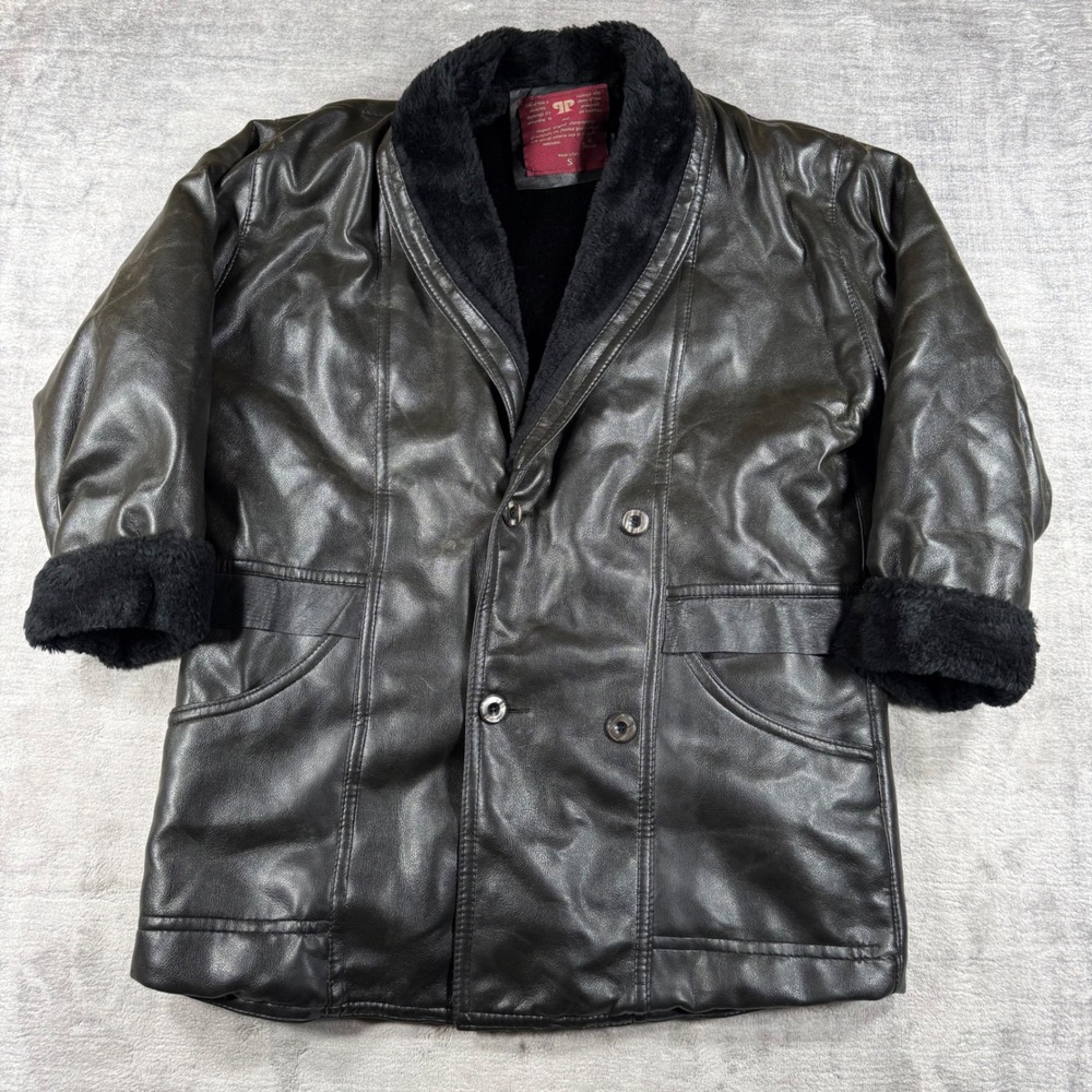 Peruzzi Leather Jacket Mens Small Black Faux Fur Car Coat Italy Double Breasted